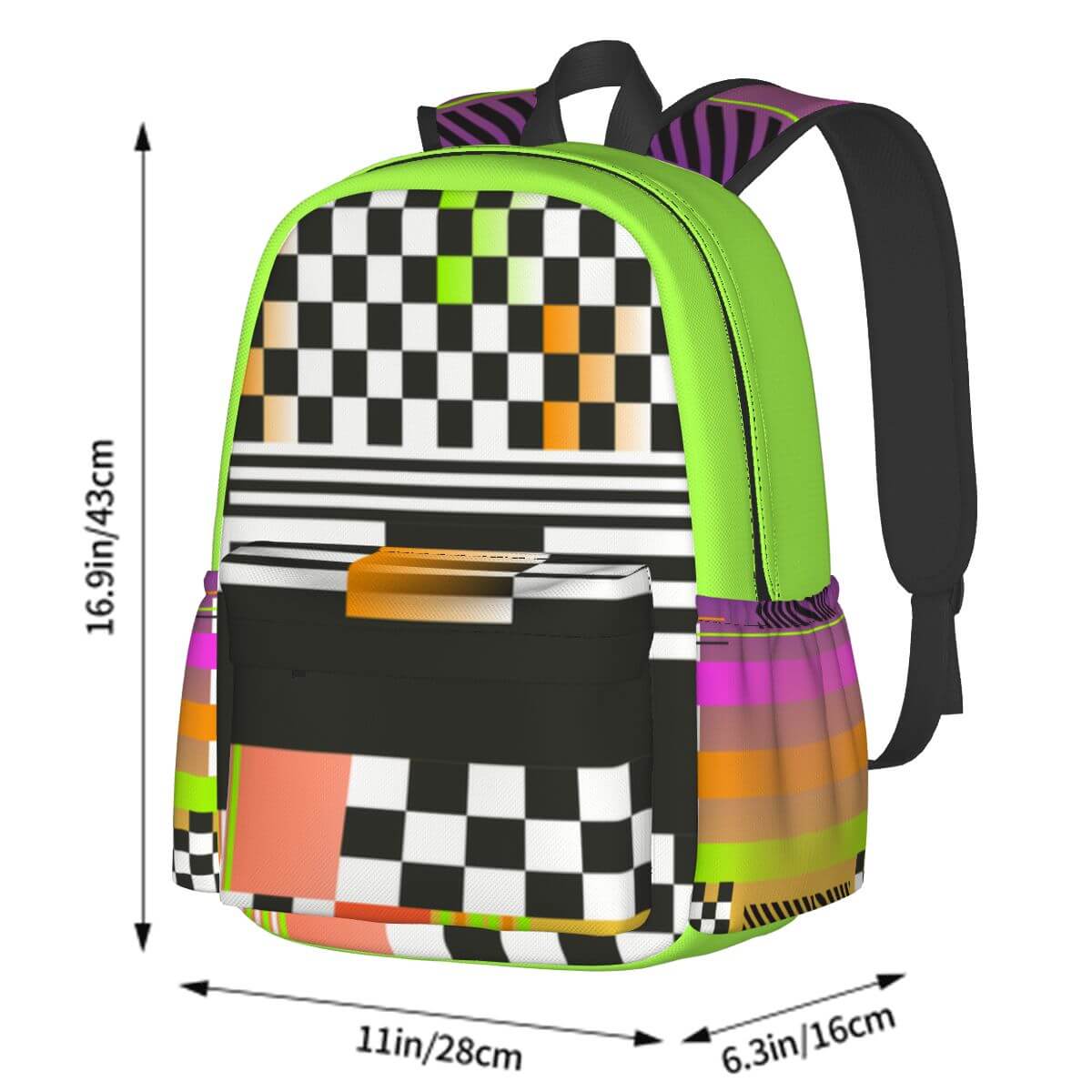 Geräumiger Oxford-Rucksack mit Seitentaschen, bunter Druck, 11x6,3x16,9 Zoll, hochwertiger Polyester, ideal für Alltag oder Reisen.