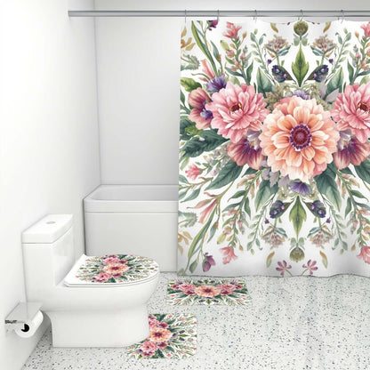 Blumenmuster Badezimmerteppich-Set mit Duschvorhang, 4-teilig, aus Polyester mit sublimiertem Druck in einem modernen Badezimmer