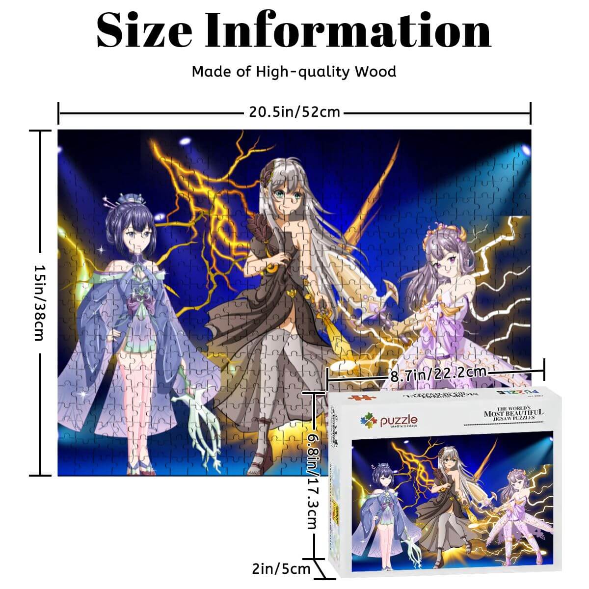 500-teiliges Holzpuzzle (horizontal) mit hochwertigen Holzdetails und Abmessungen, 52 x 38 cm.