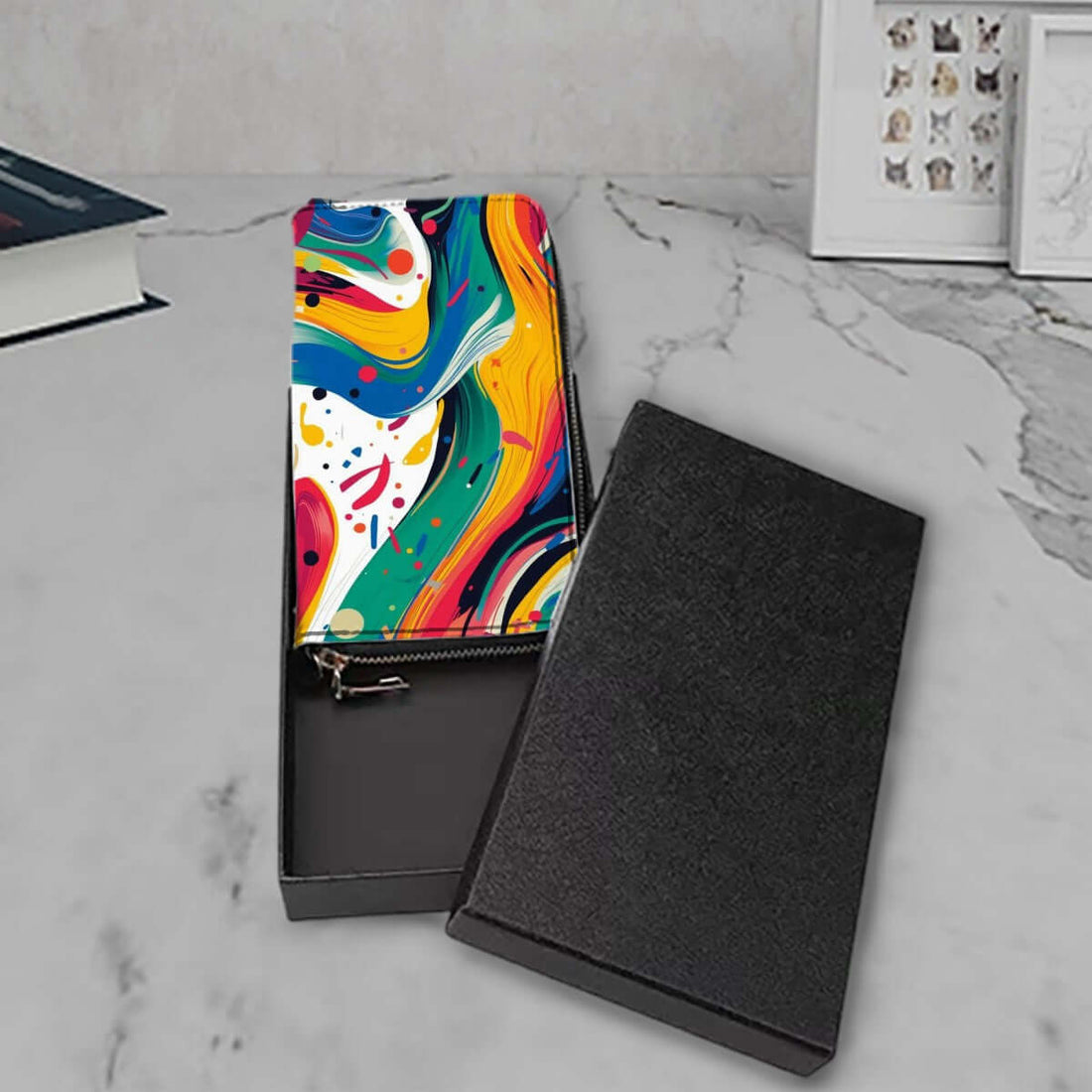 Clutch-Geldbörse für Damen aus PU mit buntem Print, zeigt doppelseitigen UV-Druck und Aufbewahrungsbeutel-Set (2 Stück).