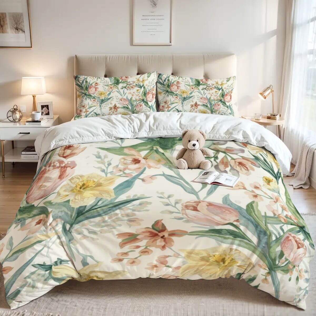 Queen-Bettwäsche-Set aus 90GSM Polyester mit floralen Designs, passend für Bettdecken 90"x90" und Kissen 30"x20".