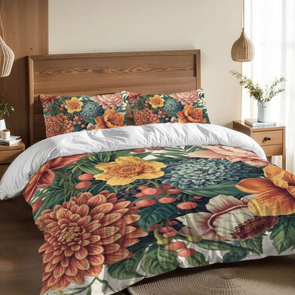 Komplettes Bettwäscheset mit Blumenmuster, bestehend aus Polyester-Bettbezug und passenden Kissenbezügen, sublimationsbedruckt.