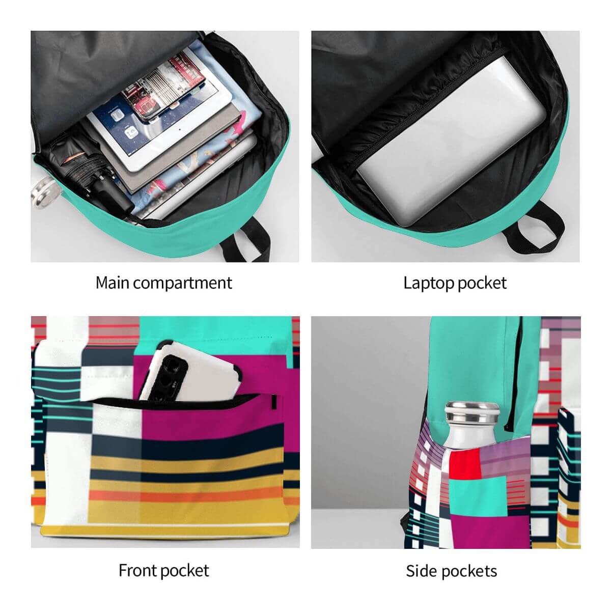 Geräumiger Oxford-Rucksack mit Seitentaschen, Laptopfach und Seitenfächern, anschauliche Nahaufnahme der Taschen für vielseitige Nutzung.