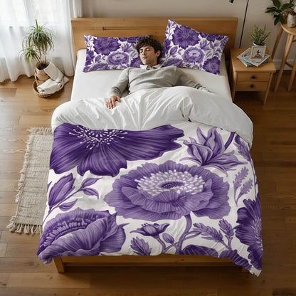 Komplettes Bettwäscheset mit floralem Design in Lila, 90GSM Polyester, Bettdecke 80x90 Zoll und Kissenbezüge 30x20 Zoll, sublimierter Druck