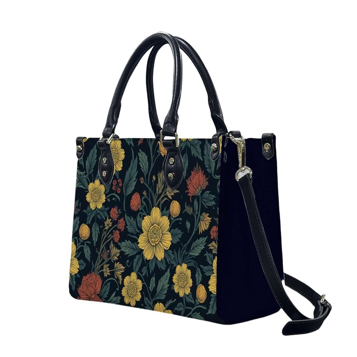 PU Tote Bag for Women with floral pattern, black handles, and strap. Material: PU, UV printed. Size options: S, M, L. Details für PU-Tragetasche für Damen ansehen