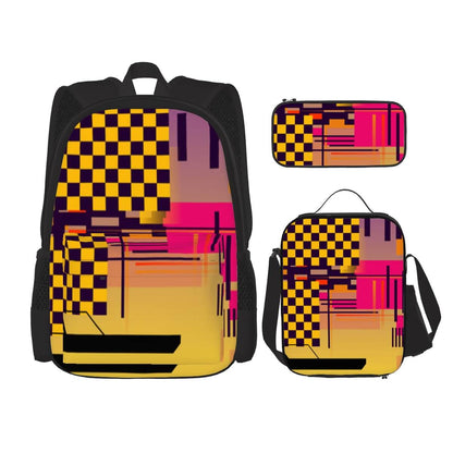 3er-Set Taschen (Oxford-Rucksack, Lunchtasche &amp; Federmäppchen) aus Oxford-Stoff mit buntem Design und sublimiertem Druck.