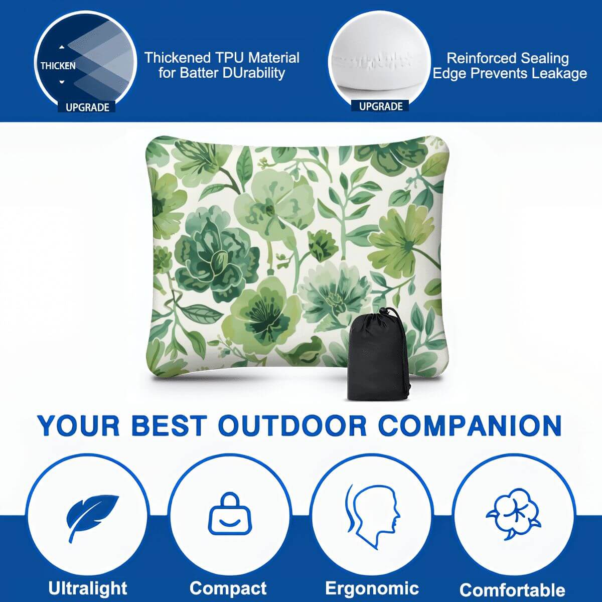 Aufblasbares Campingkissen mit floralem Design, leicht und bequem, ideal für Outdoor-Aktivitäten, hautfreundlich und kompakt.