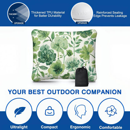 Aufblasbares Campingkissen mit floralem Design, leicht und bequem, ideal für Outdoor-Aktivitäten, hautfreundlich und kompakt.