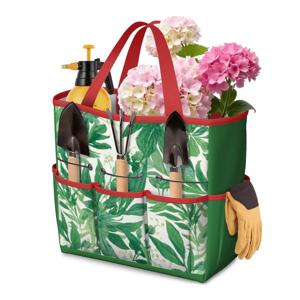 Gartengerätetasche aus Oxford-Stoff mit floralem Design, enthält Gartenschaufeln, Handschuhe und Sprayflasche, ideal für Gartenarbeit.