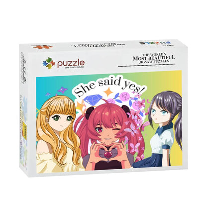 500-teiliges Holzpuzzle (horizontal) mit drei Charakteren und buntem Design auf der Verpackung.