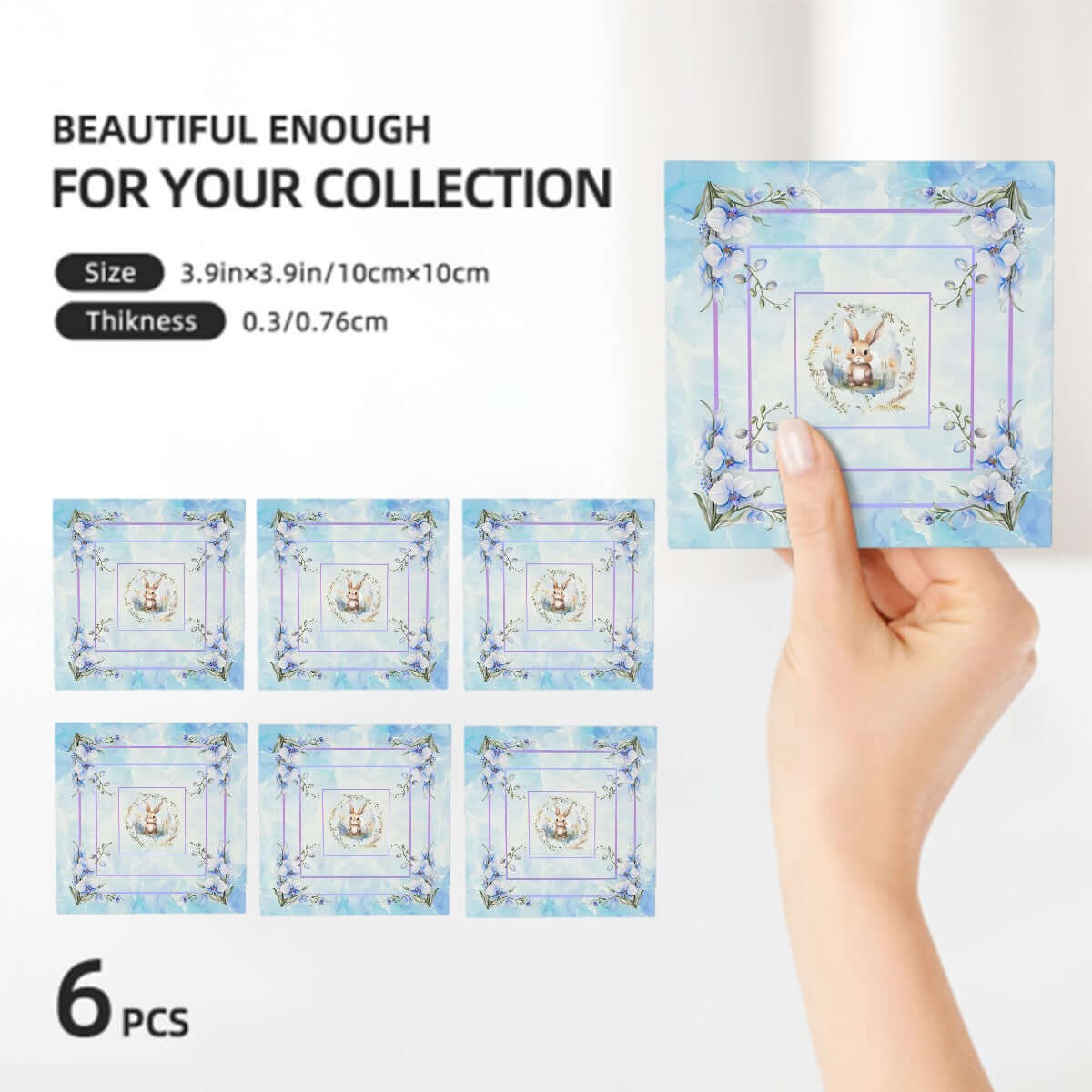 Quadratische Keramikuntersetzer, 6 Stück, mit blauem Blumen-Design, UV-Druck, 4x4 Zoll, umweltfreundlich und wasserabsorbierend