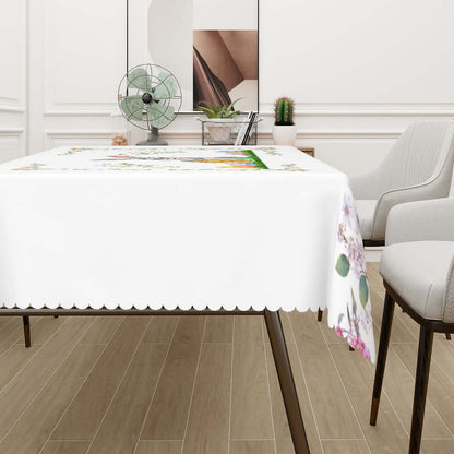 Rechteckige Tischdecke mit Wellenrand Ostermotiv auf einem Tisch, aus 100% Polyester, 72"x54", ideal für Schutz und Dekoration.