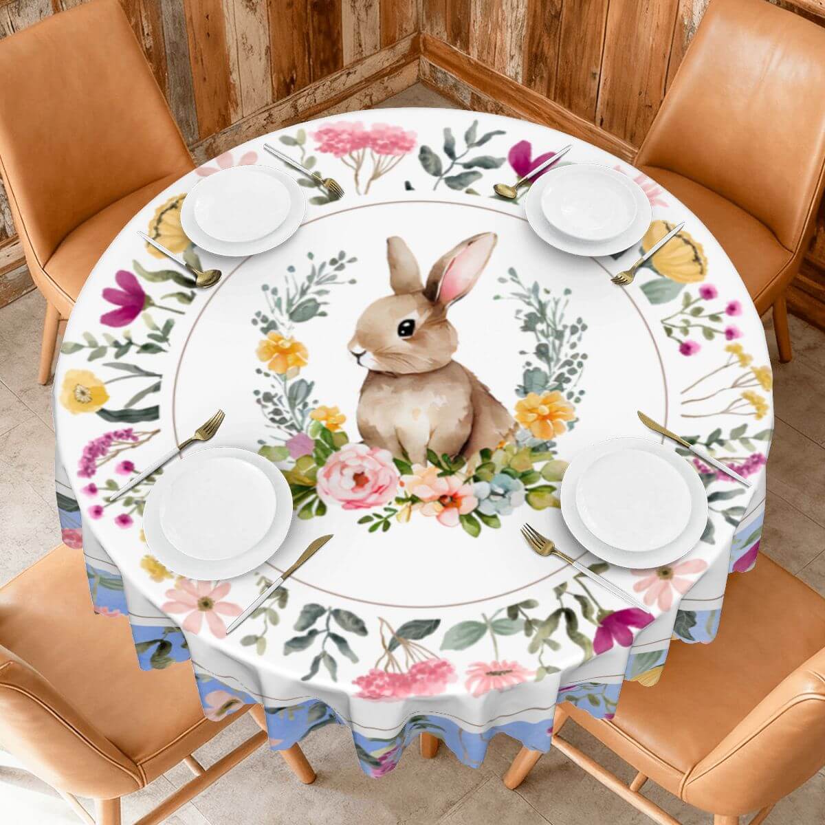 Runde Tischdecke mit gewelltem Rand, 60 Zoll Ostermotiv, Hasen- und Blumendesign, ideal zum Dekorieren und Schützen Ihres Tisches