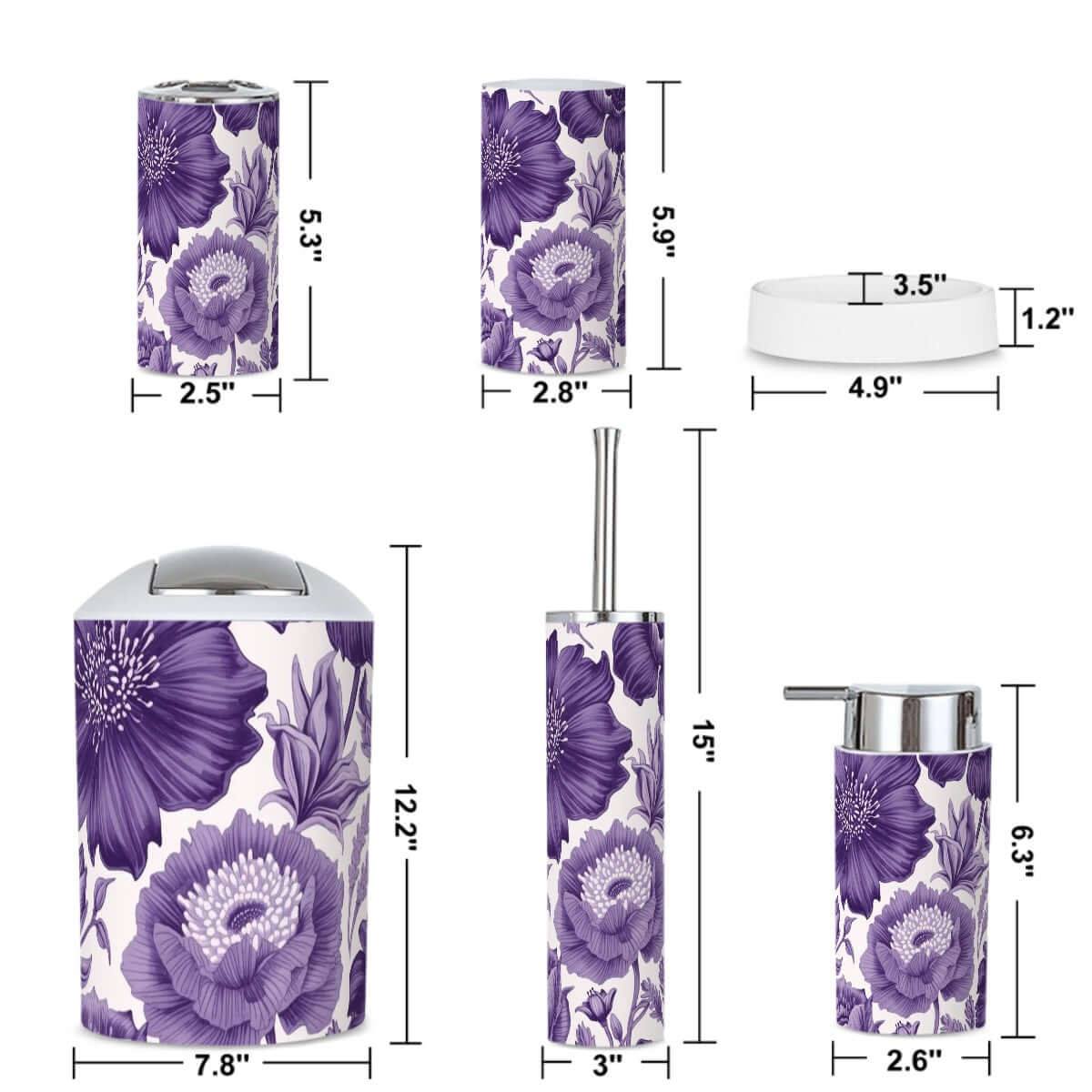 Badezimmer-Accessoires-Set, 5-teilig aus Kunststoff, violettes Blumenmuster, leicht, langlebig und wasserabweisend, verschiedene Größen