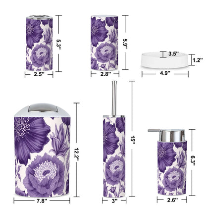 Badezimmer-Accessoires-Set, 5-teilig aus Kunststoff, violettes Blumenmuster, leicht, langlebig und wasserabweisend, verschiedene Größen