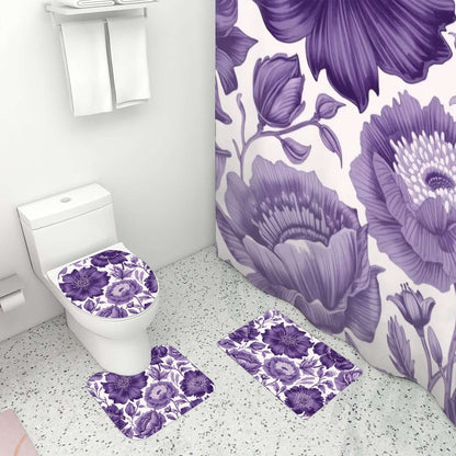 Video Badezimmerteppich-Set mit Duschvorhang in Lila, 4-teilig, Polyester, Badezimmerdekor mit floralen Mustern, Toiletten- und U-förmiger Teppich