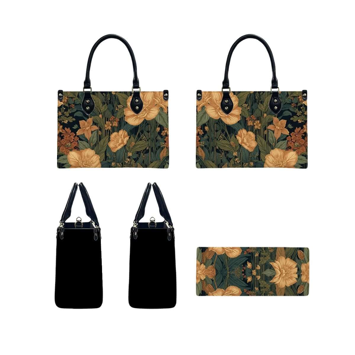 Stilvolle PU-Tragetasche für Damen mit floralem Muster, schwarze Griffe und Reißverschluss, erhältlich in verschiedenen Größen.