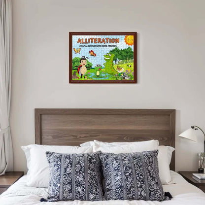 Framed alliteration challenge poster above bed in modern bedroom with patterned pillows.