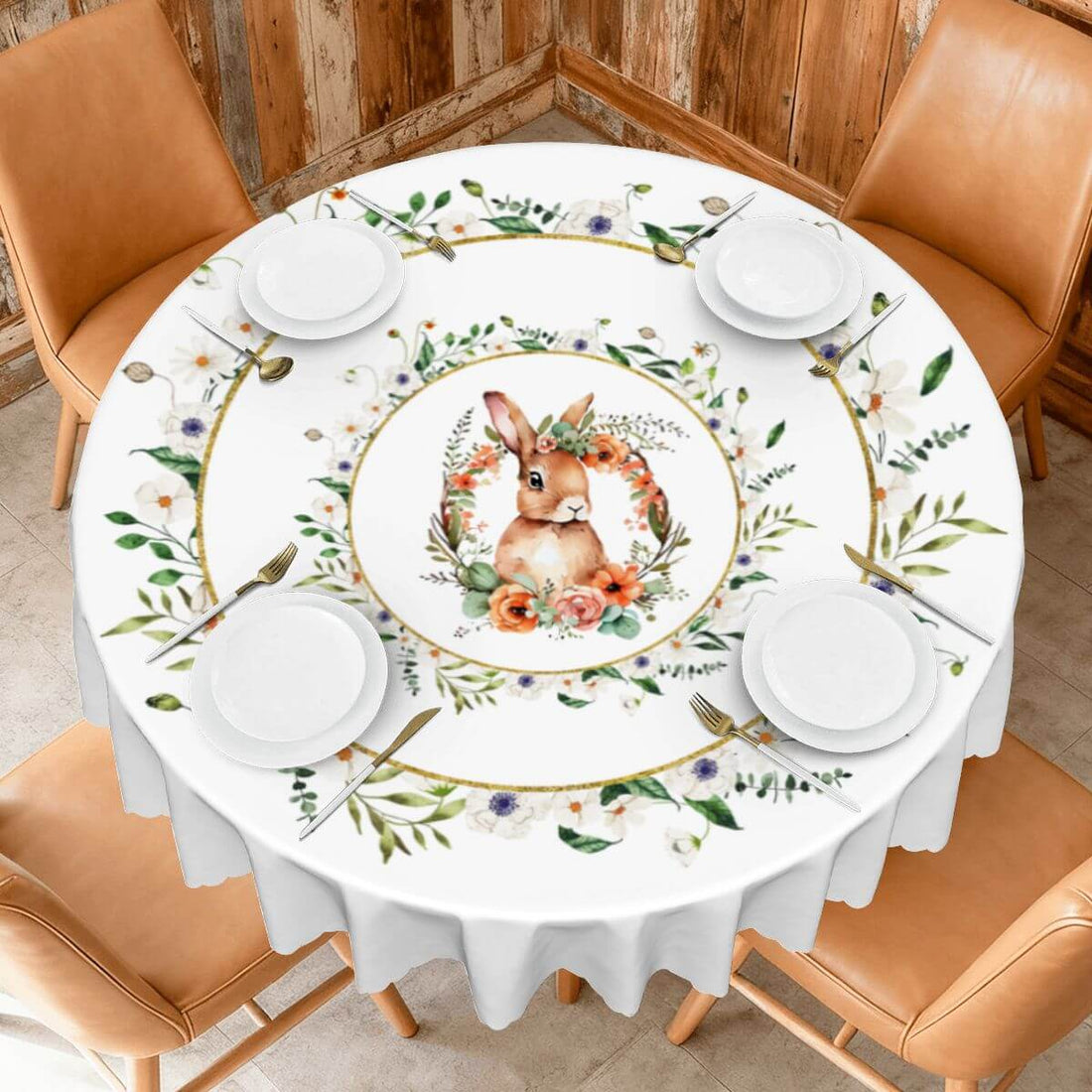 Runde Tischdecke mit gewelltem Rand, 60 Zoll Ostermotiv, aus 100% Polyester mit Blumen- und Hasendesign, ideal für Ostertisch-Dekoration.