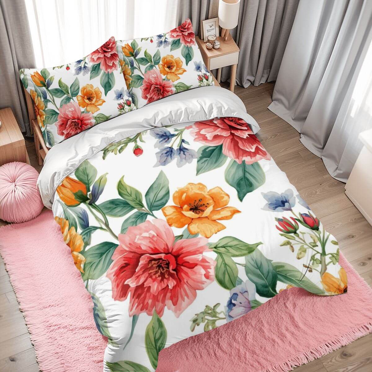 Video Komplettes Bettwäscheset mit Blumenmuster auf Bett in gemütlichem Zimmer, stilvoll und komfortabel