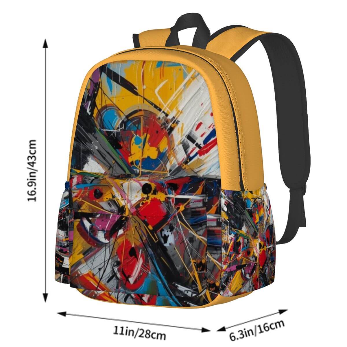 Geräumiger Oxford-Rucksack mit Seitentaschen, abstraktes Design, Größe 11"x6,3"x16,9", aus langlebigem Oxford-Stoff.