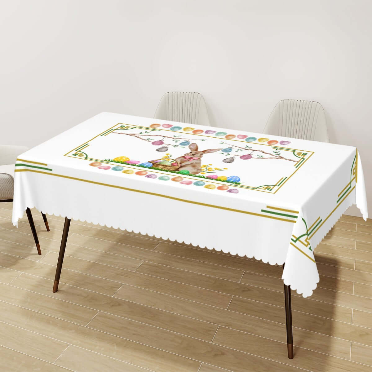 Rechteckige Tischdecke mit Wellenrand Ostermotiv auf einem Tisch, 72"x54", 100% Polyester, einseitiger Druck, wasserabweisend.