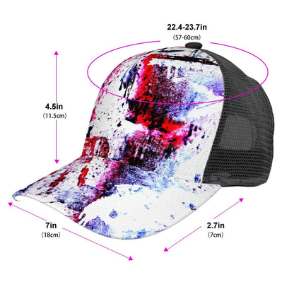 Baseballkappe aus Mesh (vollständiges Muster) mit Sublimationsdruck und Größenangaben. Details für Baseballkappe aus Mesh (vollständiges Muster) ansehen