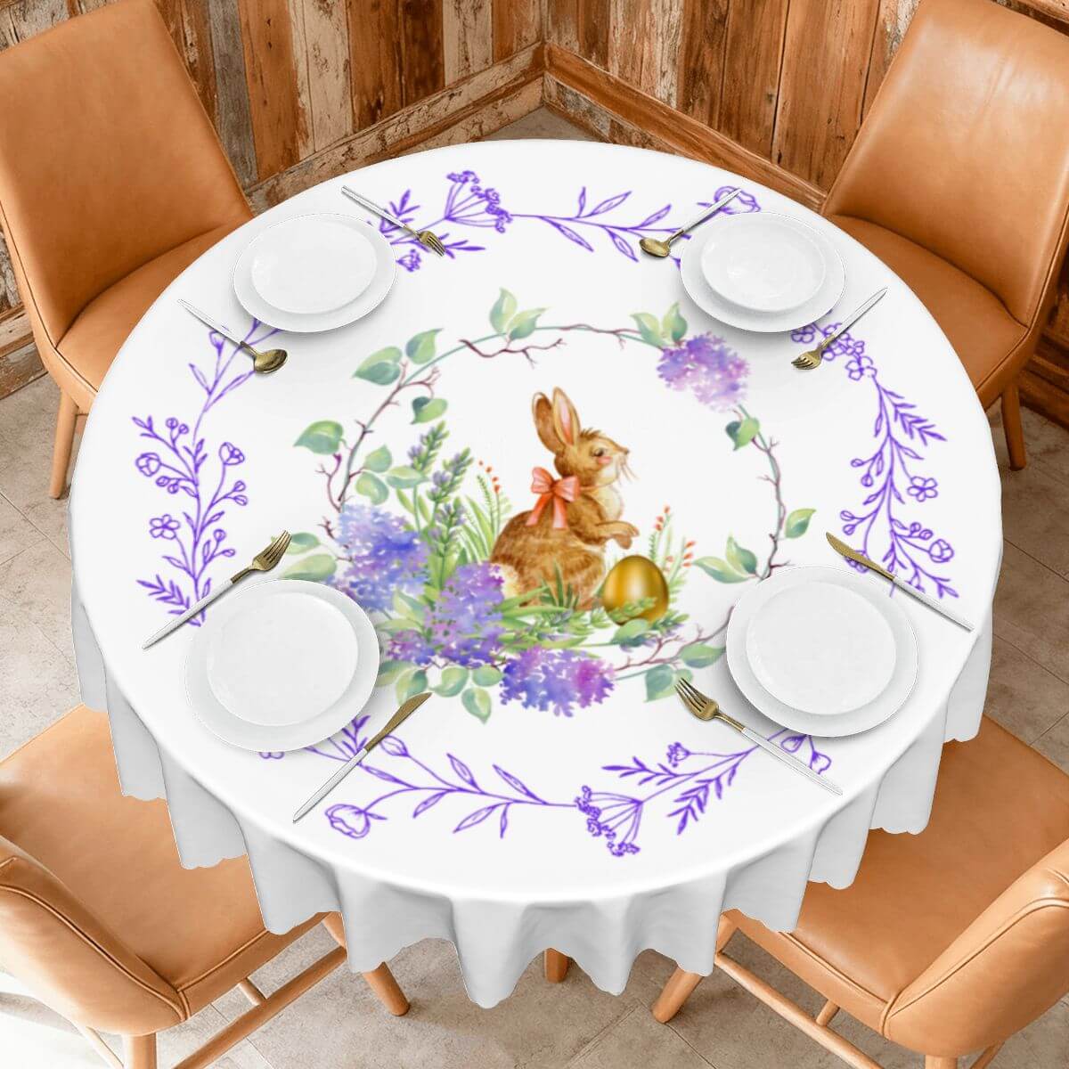 Runde Tischdecke mit gewelltem Rand, 60 Zoll Ostermotiv, floral bedruckter Polyesterstoff auf Esstisch mit Stühlen