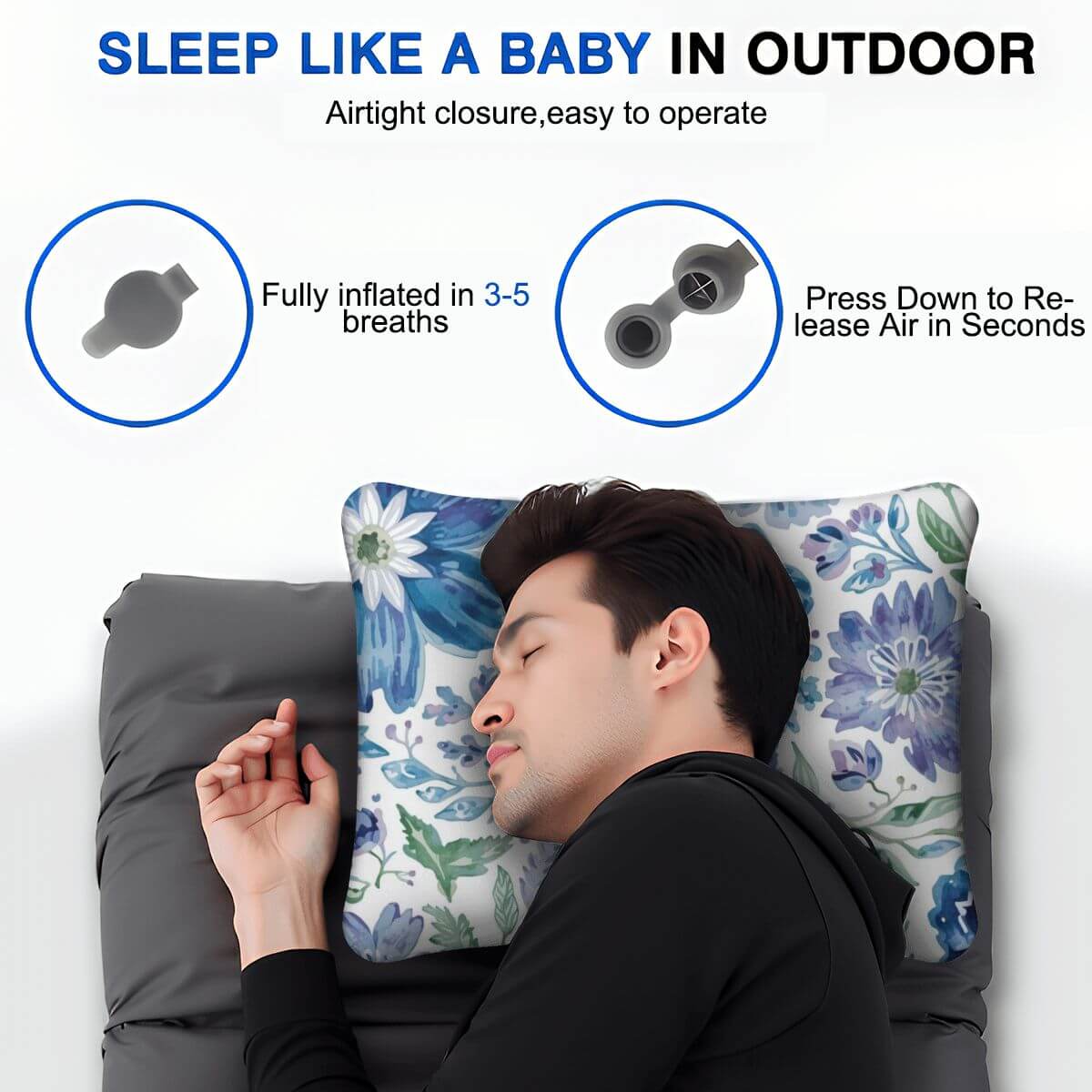 Video Aufblasbares Campingkissen mit floralem Design, komfortabel und hautfreundlich, schnelles Aufblasen in 3-5 Atemzügen.