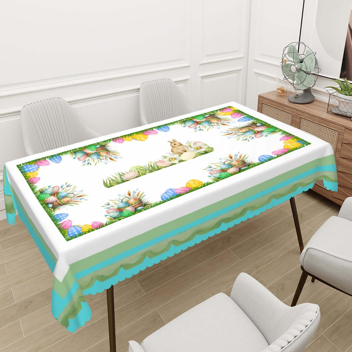 Rechteckige Tischdecke mit Wellenrand Ostermotiv, 100 % Polyester, 72"x54", bunte Ostereier und Hasen Design, für Esstischdekoration