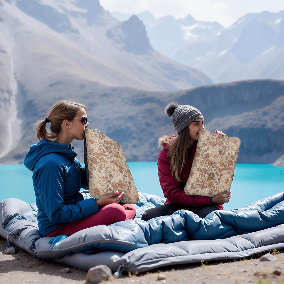 Zwei Menschen nutzen ein aufblasbares Campingkissen aus Polyester mit floralem Design beim Camping am Bergsee.