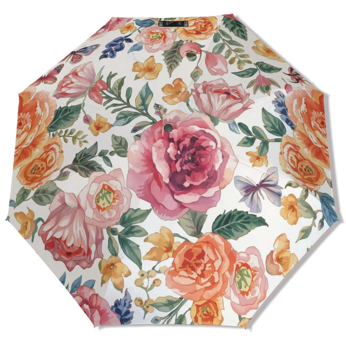 UV-Schutz-Regenschirm mit floralem Design und Vinylbeschichtung, ideal für Sonnenschutz, robust und windfest.