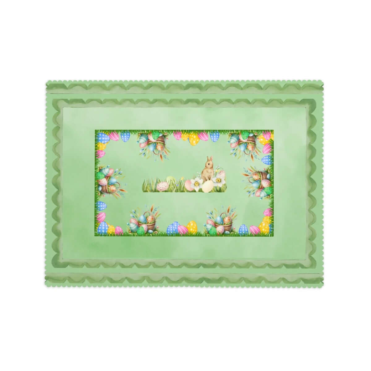 Rechteckige Tischdecke mit Wellenrand Ostermotiv aus Polyester, 72x54 inches, sublimation printed, Easter-themed design with rabbits and eggs.