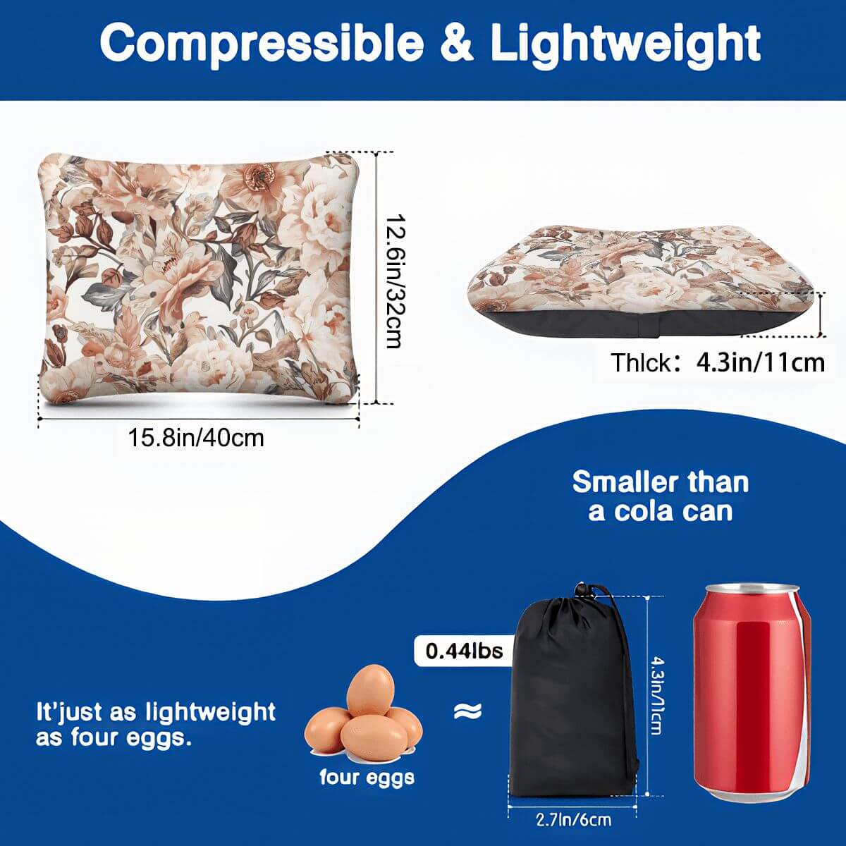Aufblasbares Campingkissen mit Blumenmuster, kompakt und leicht, kleinere Größe als eine Coladose, ideal für Outdoor-Aktivitäten.