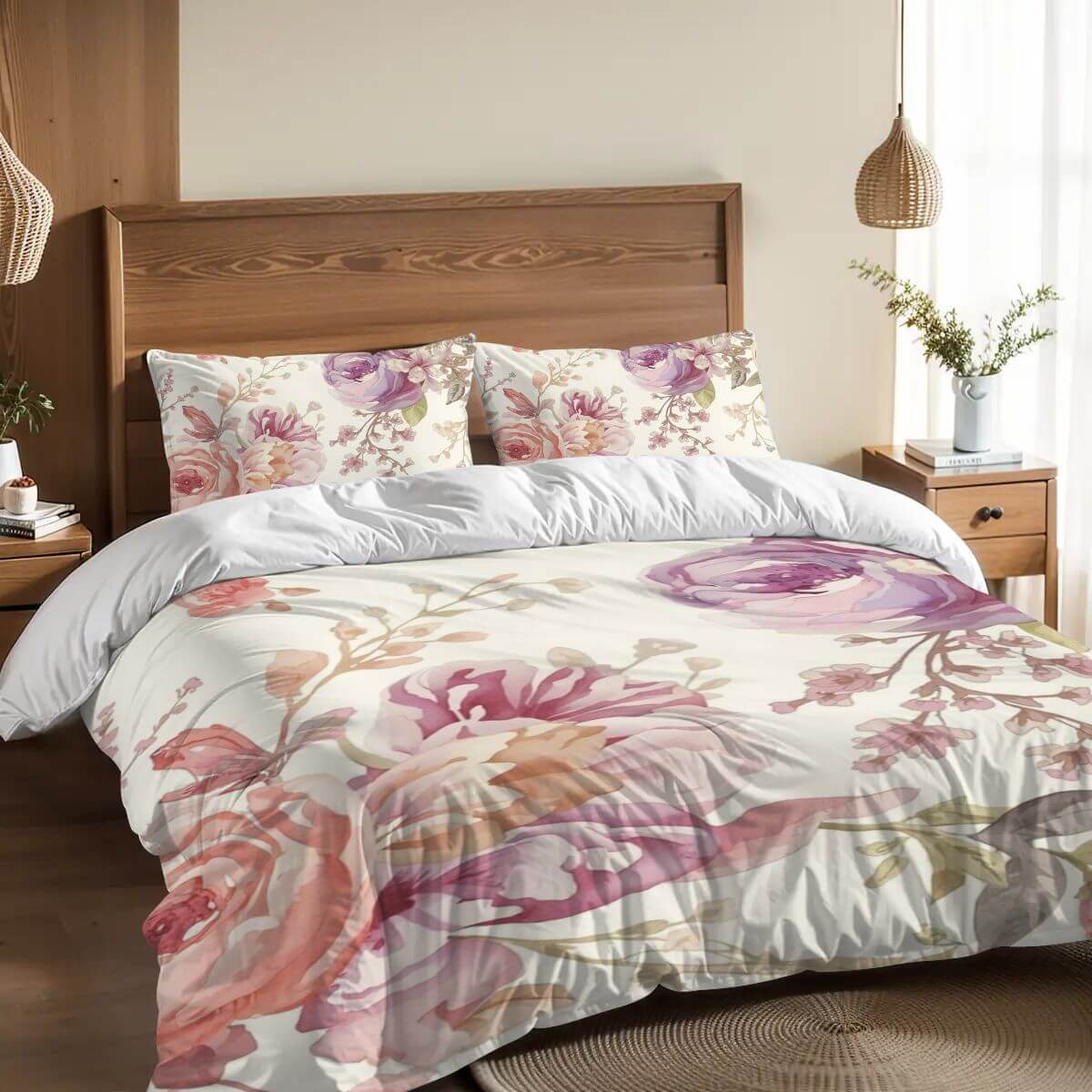 Video Komplettes Bettwäscheset in floralen Prints, 90GSM Polyester, Bettbezug 80x90 Zoll, Kissenbezüge 30x20x20 Zoll, Design auf Vorderseite