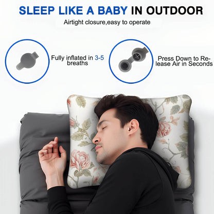 Man sleeping comfortably on an Aufblasbares Campingkissen with floral design, showing inflation and deflation features.