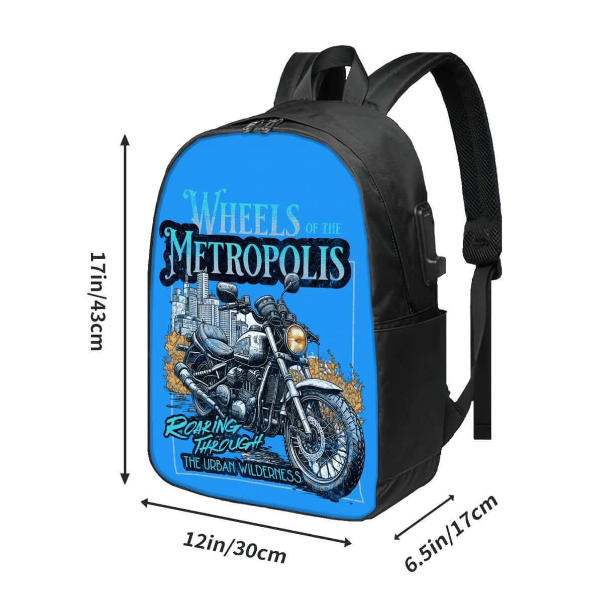 Oxford Reise-Laptop-Rucksack mit USB-Anschluss, Motorrad-Design, 12 x 6.5 x 17 Zoll, inspiriert von Wheels of the Metropolis, Blau, Polyester