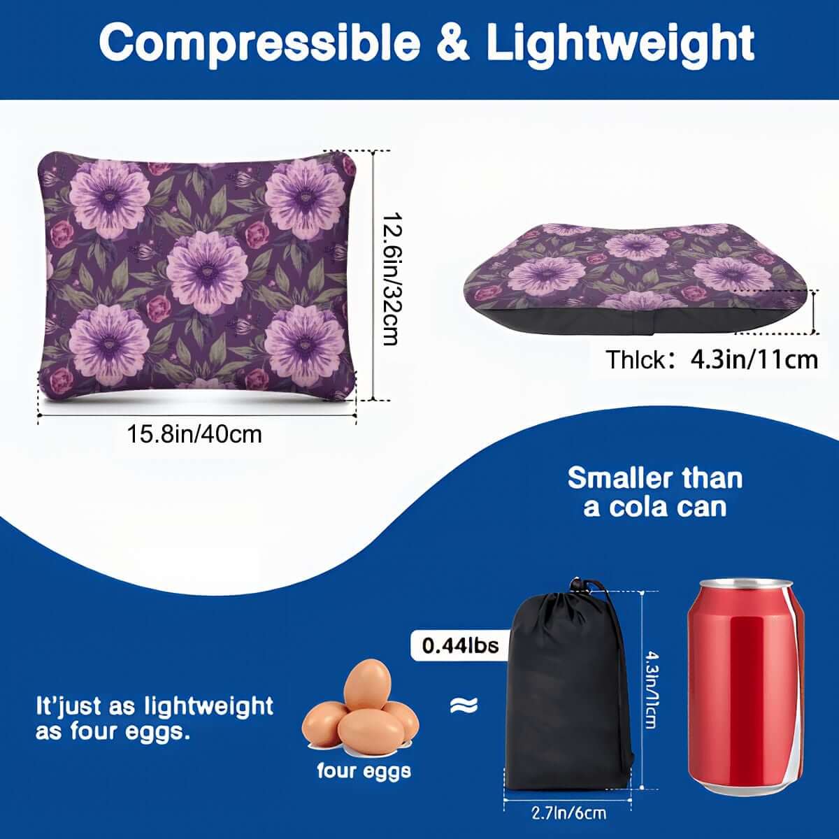 Video Aufblasbares Campingkissen in Blumenmuster, kompakt, leicht wie vier Eier, kleiner als Coladose, ideal für Reisen.