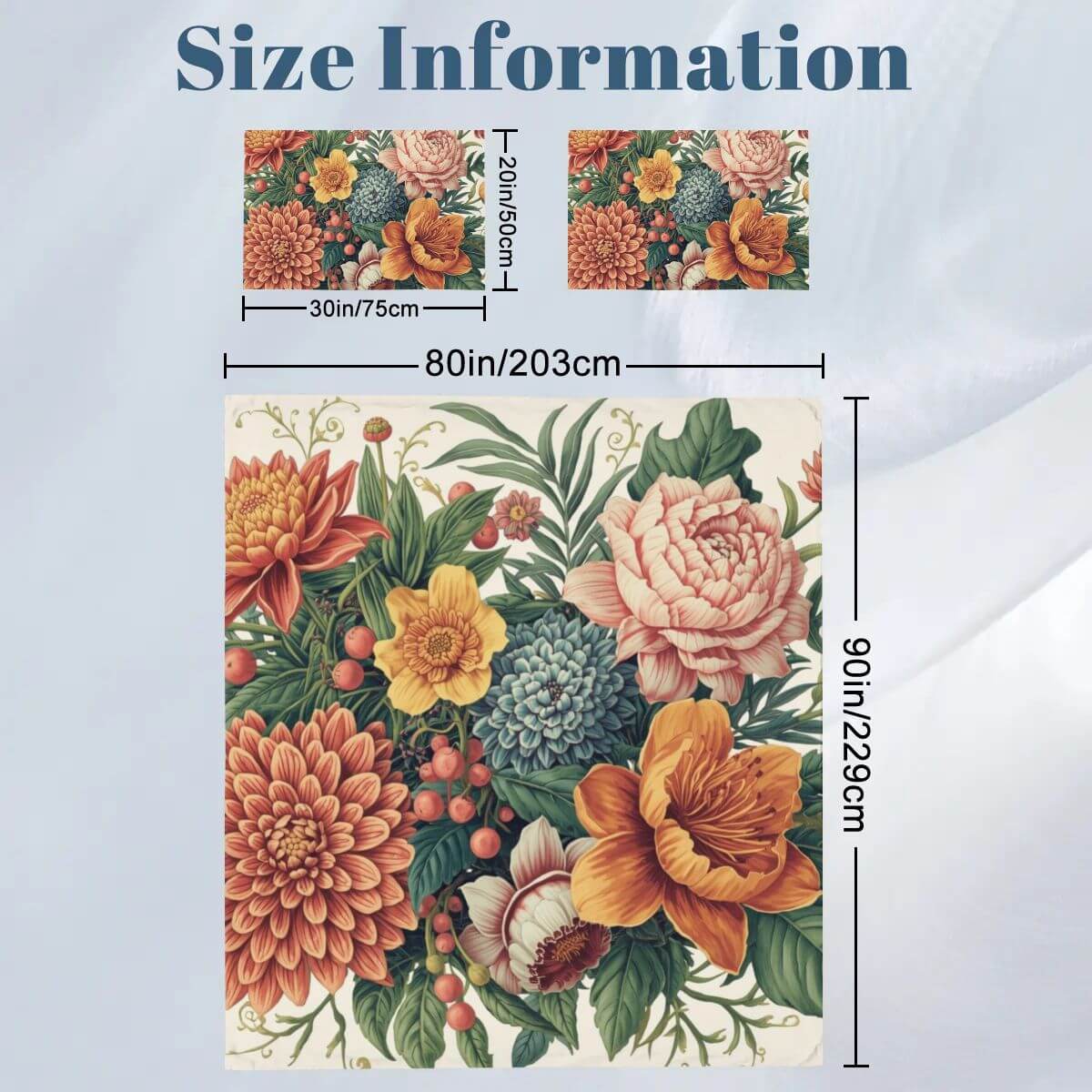 Größentabelle für komplettes Bettwäscheset mit Blumendesign, Bettbezug misst 80"x90", Kissenbezüge 30"x20"-2 Stk.