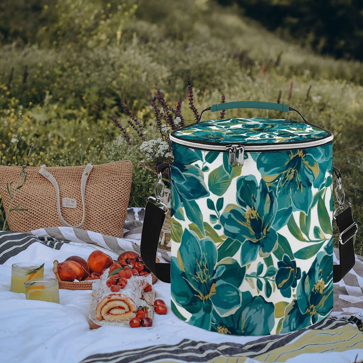 Camping‑Kühltasche mit Blumenmuster, tragbar, isoliert, wasserdicht, ideal für Picknicks und Outdoor-Abenteuer. Camping im Freien.