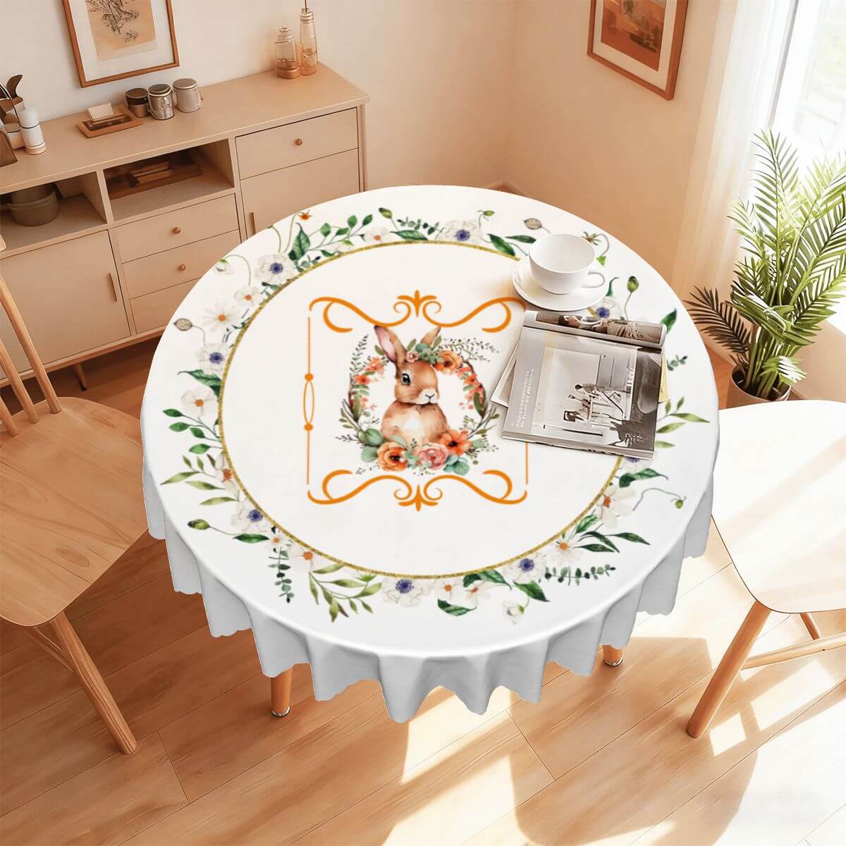 Runde Tischdecke mit gewelltem Rand, 60 Zoll Ostermotiv in einem Esszimmer mit Osterhasendesign auf 100 % Polyester dekoriert