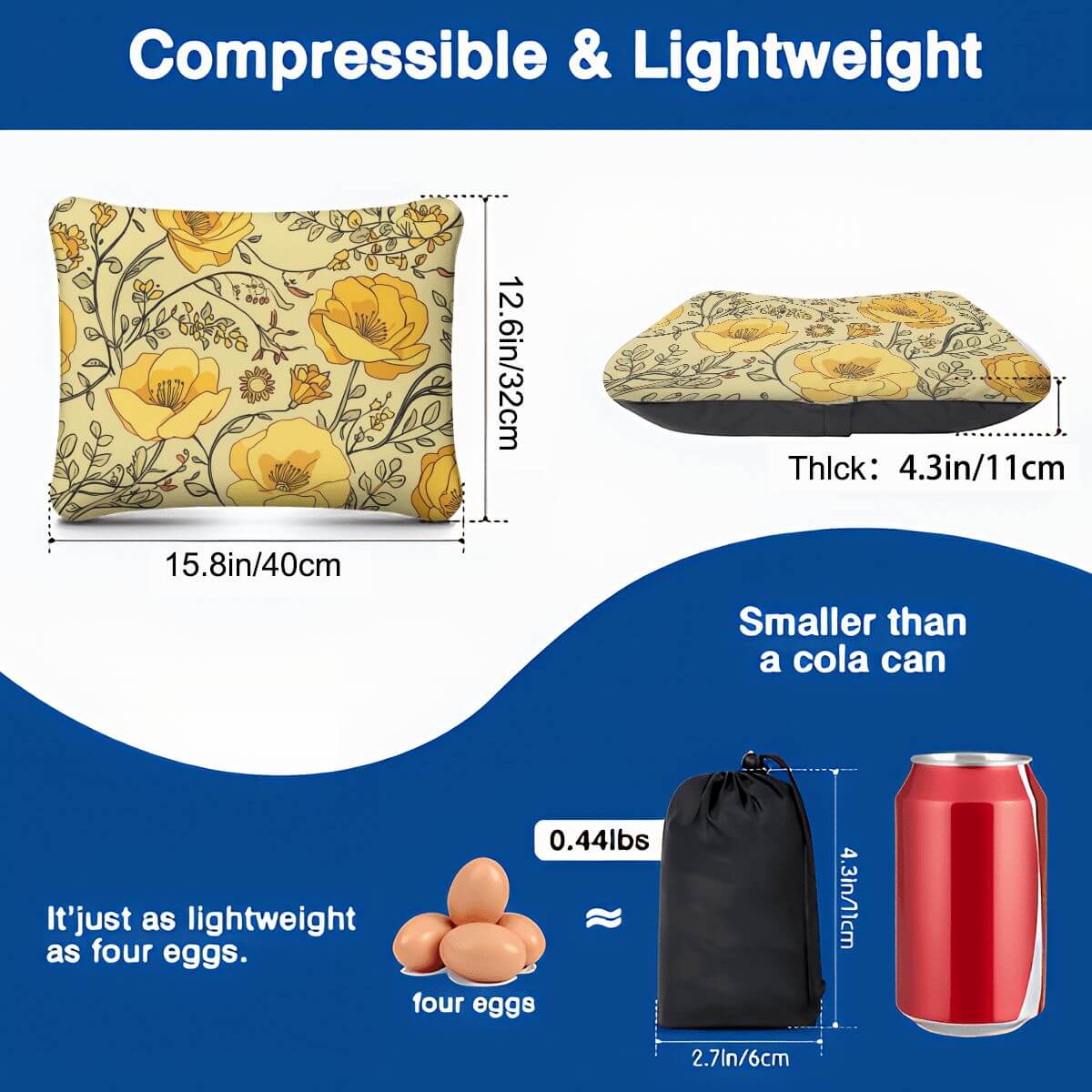 Aufblasbares Campingkissen in Gelb mit Blumenmuster, Maße 15,8x12,6x4,3 Zoll, leicht und kompakt, kleiner als eine Coladose.