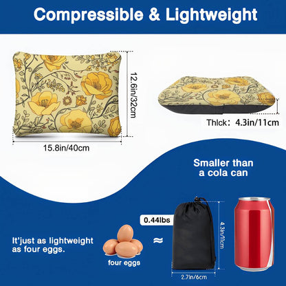 Aufblasbares Campingkissen in Gelb mit Blumenmuster, Maße 15,8x12,6x4,3 Zoll, leicht und kompakt, kleiner als eine Coladose.