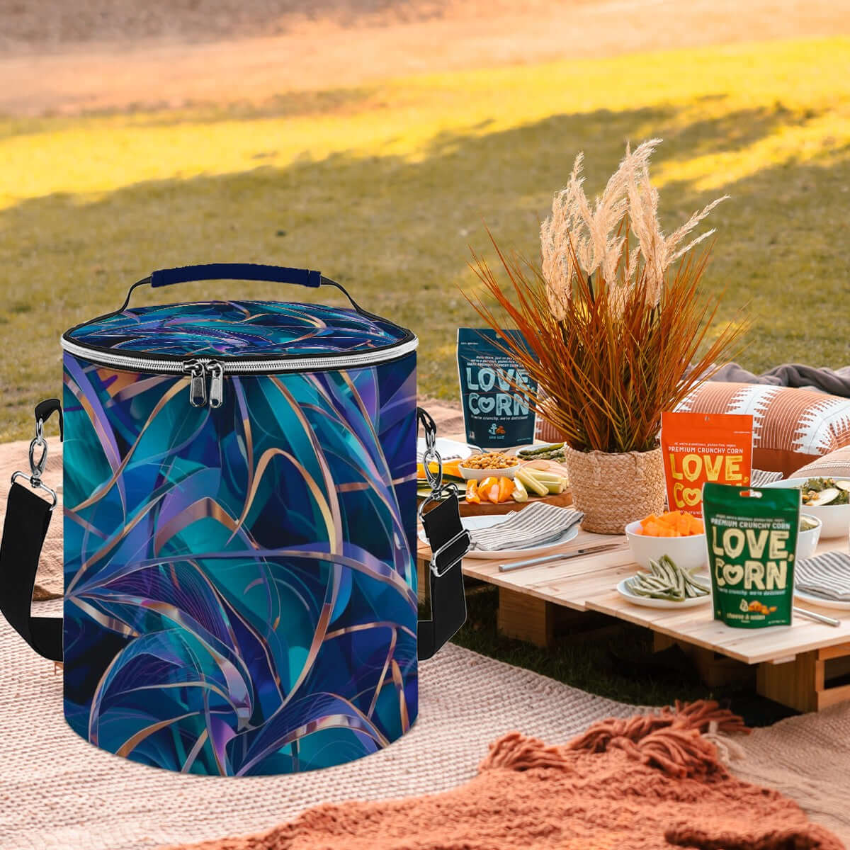 Tragbare, isolierte Camping-Kühltasche aus Polyester, wasserdicht, Design im Sublimationsdruck, ideal für Outdoor-Picknicks.