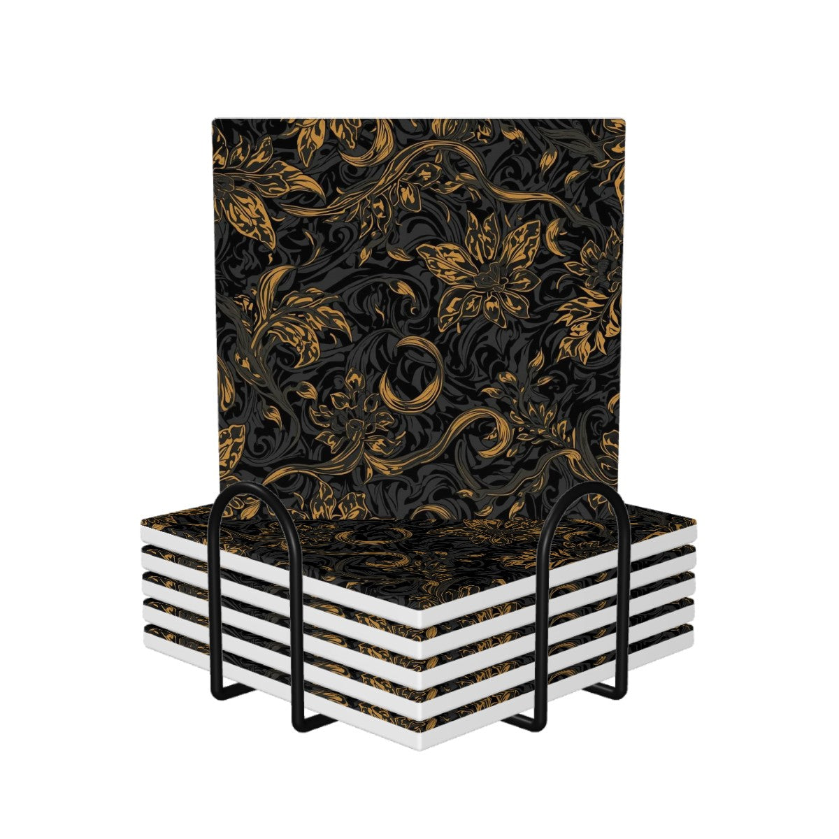 Quadratische Keramikuntersetzer 6 Stück mit floralem Muster, ideal für stilvolle Wohnkultur und Tischschutz, aus hochwertiger Keramik.