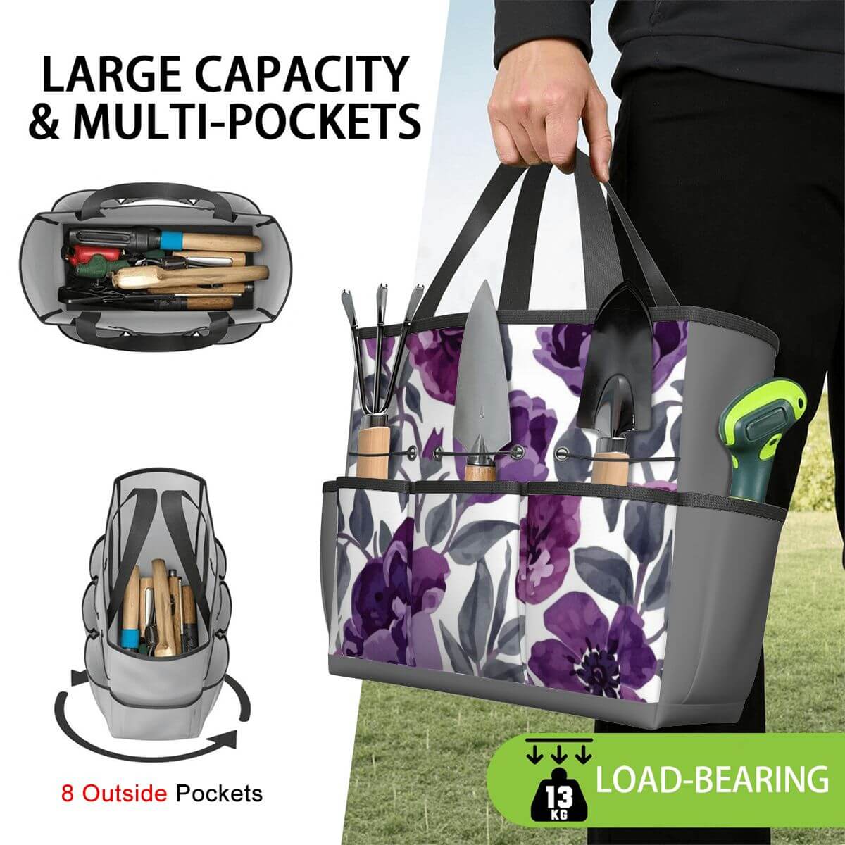 Gartengerätetasche (Werkzeuge nicht enthalten) aus Oxford-Stoff mit mehreren Taschen, ideal für die organisierte Aufbewahrung und Tragbarkeit.