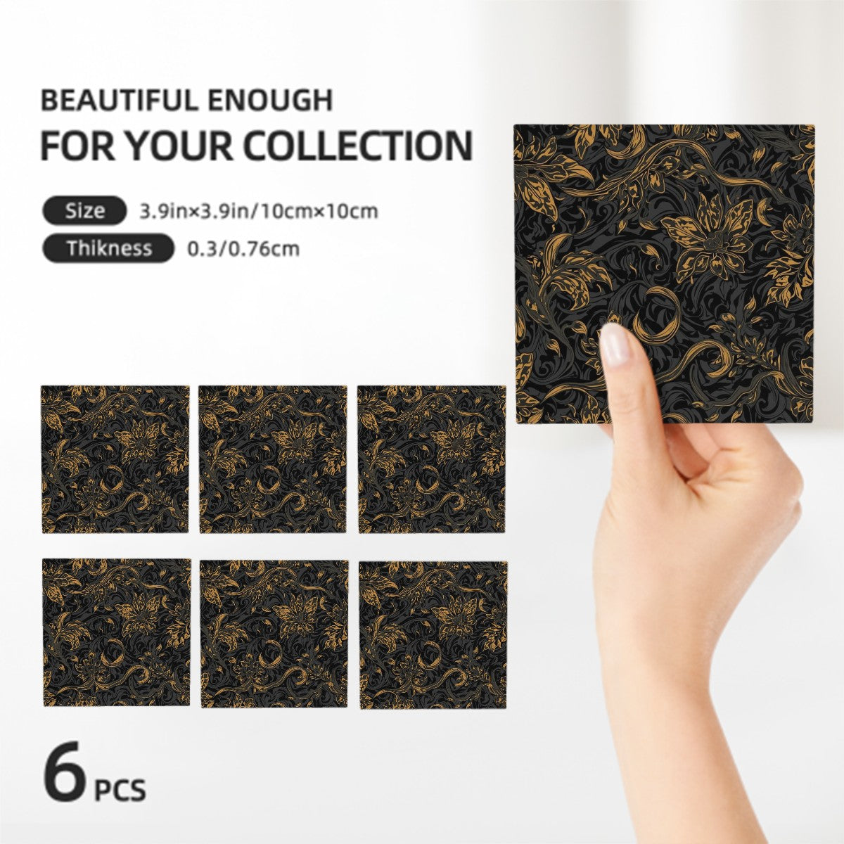 Quadratische Keramikuntersetzer, 6 Stück, floral-gemustert in Schwarz-Gold, 4x4 Zoll, stilvolle Tischdeko.