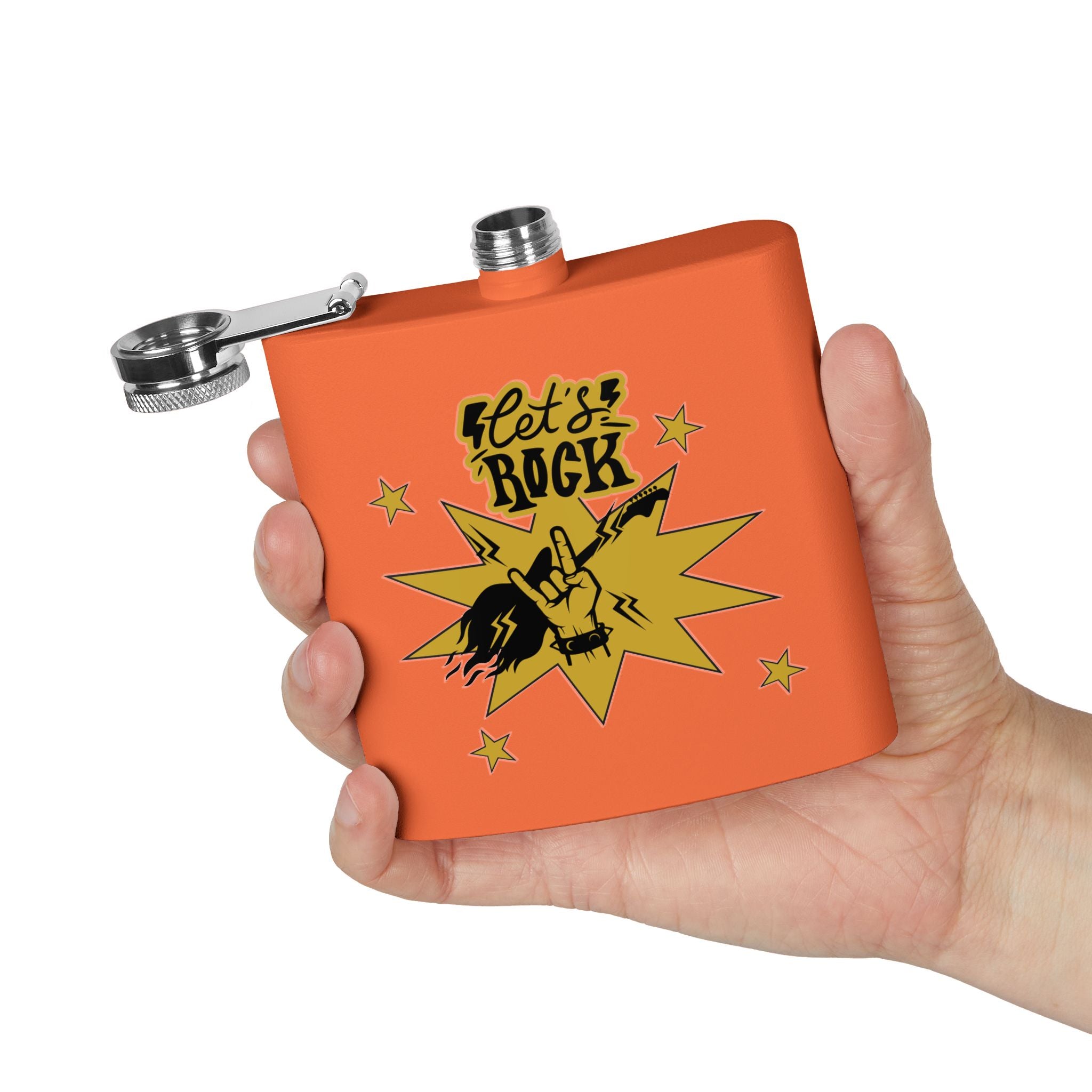 Edelstahl-Flachmann „Rock On“ – 170 ml „Let’s Rock“-Design für Musikliebhaber orange  in der Hand