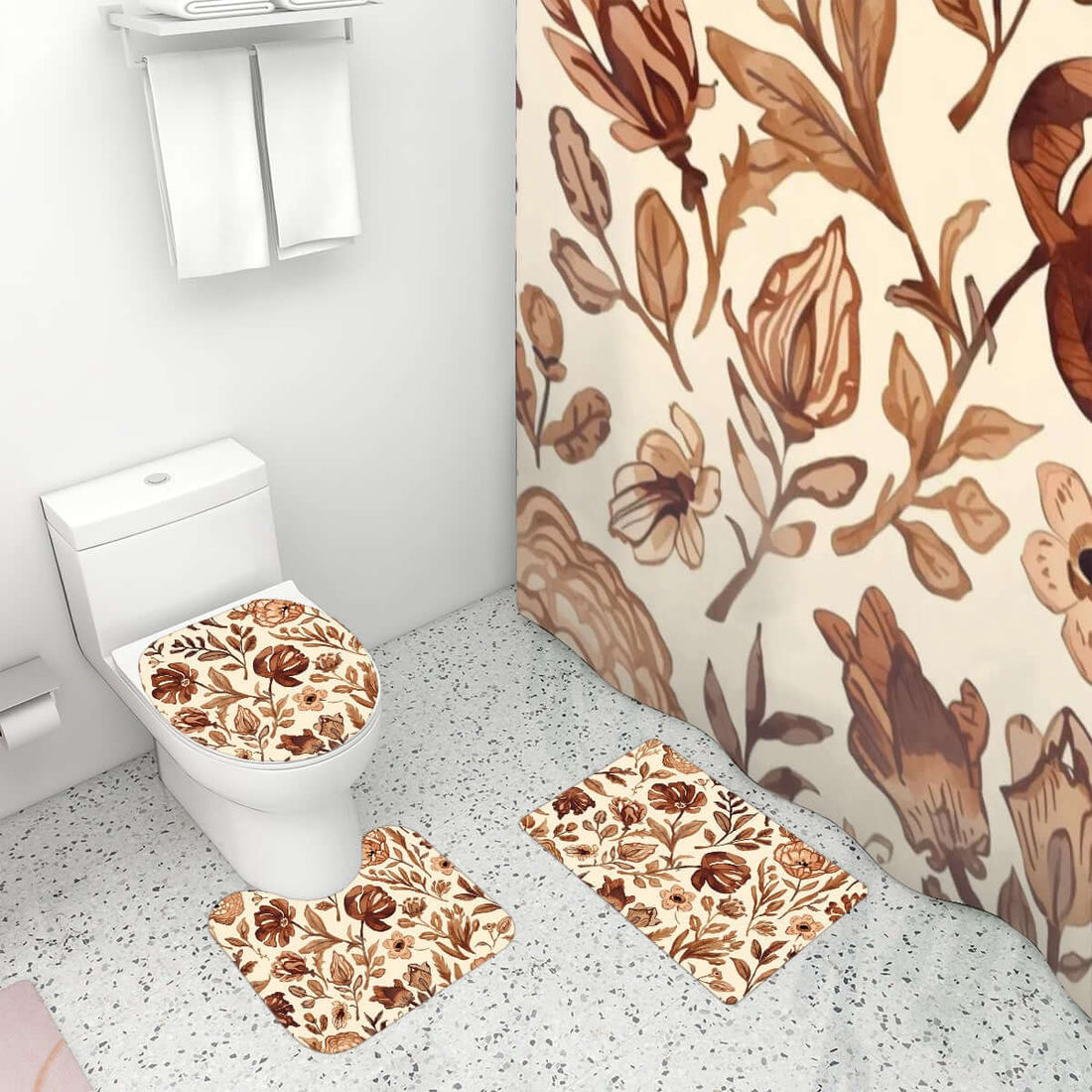 Badezimmerteppich-Set mit Duschvorhang, 4-teilig, floral design, polyester, sublimation print, includes toilet seat cover.
