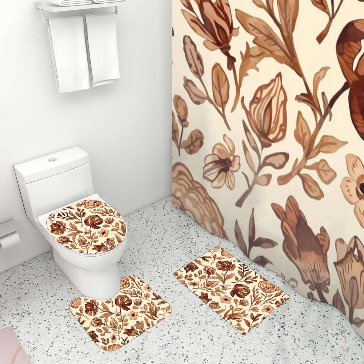 Badezimmerteppich-Set mit Duschvorhang, 4-teilig, floral design, polyester, sublimation print, includes toilet seat cover.